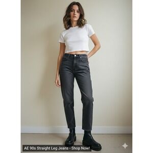AE 90s High Waisted Straight Leg Jeans Charcoal Grey Wash Women's Grunge Sleek